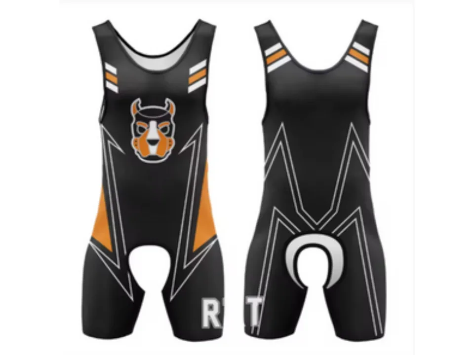 Orange and black wrestling singlet with a dog head graphic on the front.