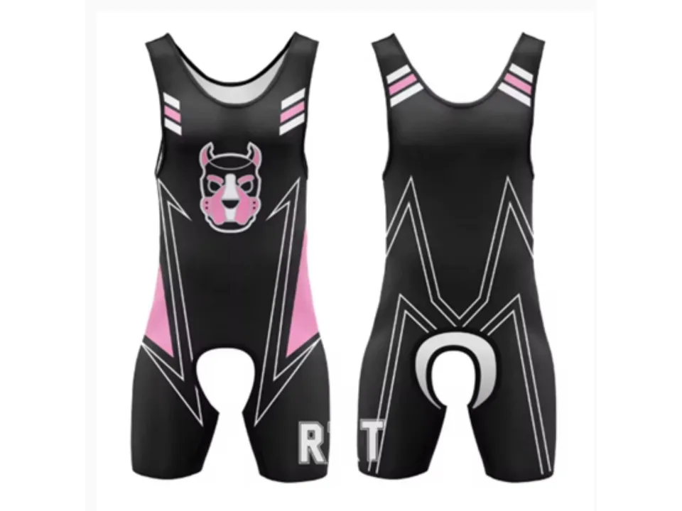 Pink and black wrestling singlet with a dog head graphic on the front.
