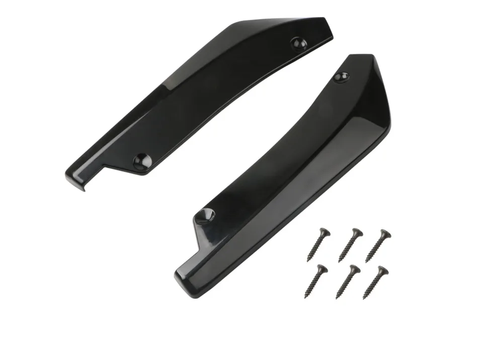 Two black rear bumper lip splitters with mounting screws.