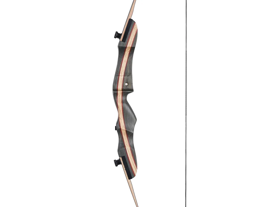 Side view of a recurve bow with a wooden riser and black limbs.