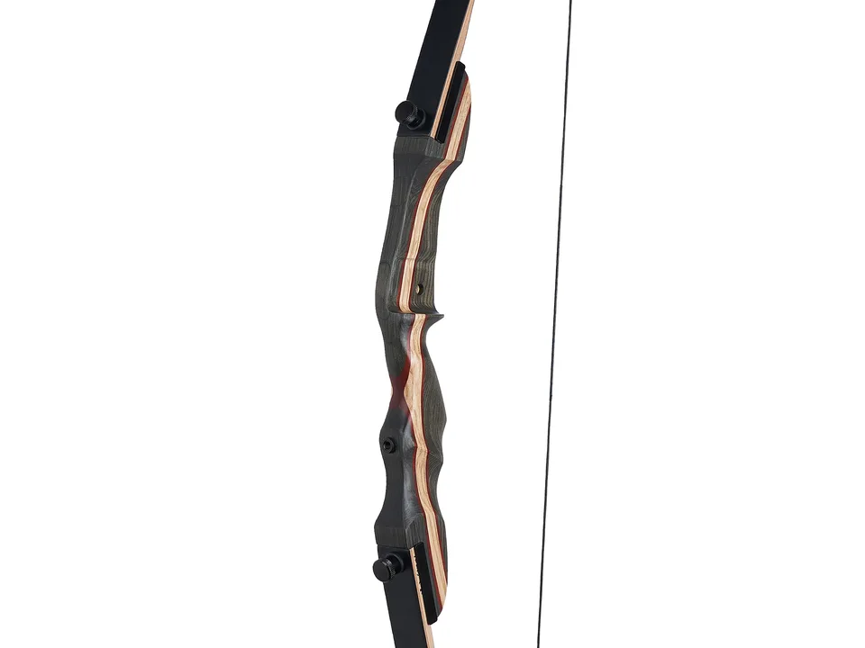 Close-up of the recurve bow riser showing the wood grain and limb attachment bolt.