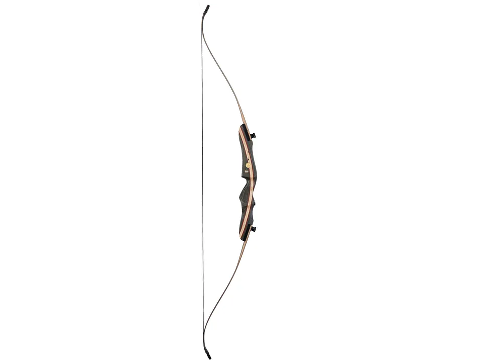 Full view of the recurve bow strung and ready for use.