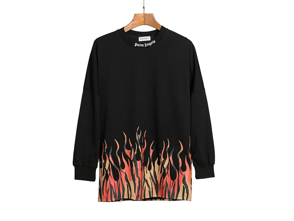 Front view of the black long-sleeve sweatshirt with a flame print at the bottom, hanging on a hanger.