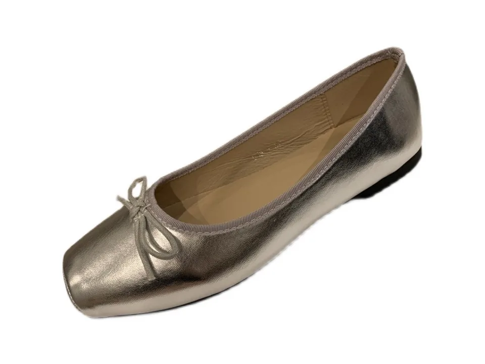 A single metallic silver square toe ballet flat with a bow detail.