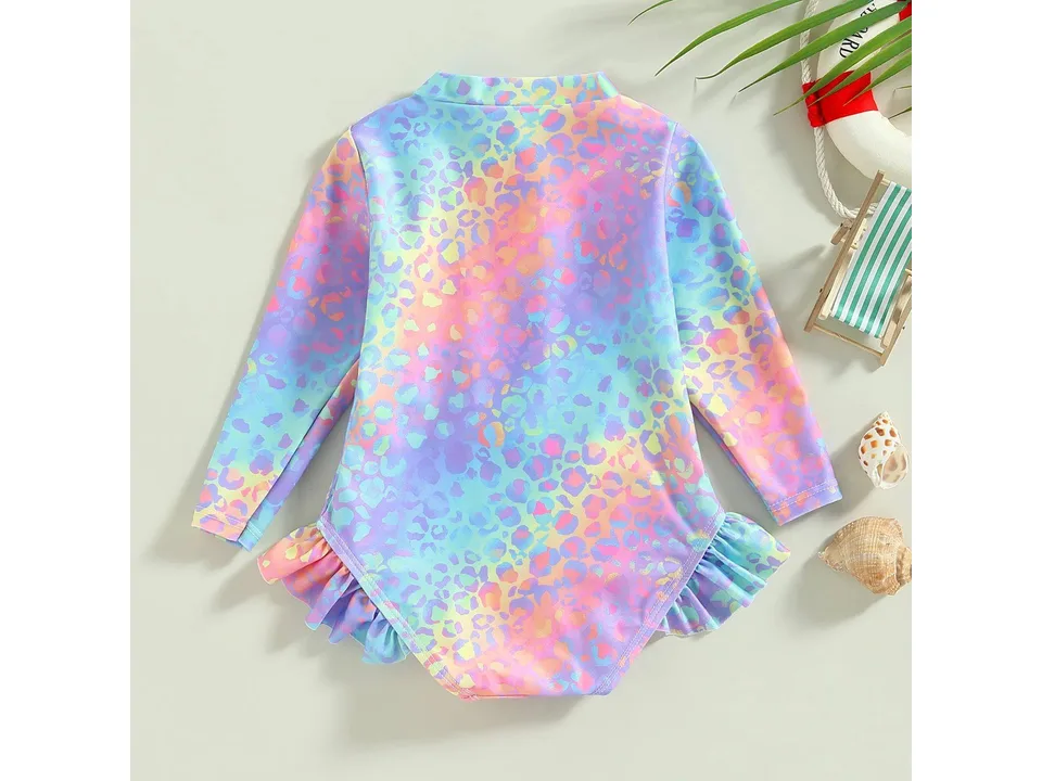 Back view of the colorful, long-sleeve toddler swimsuit.