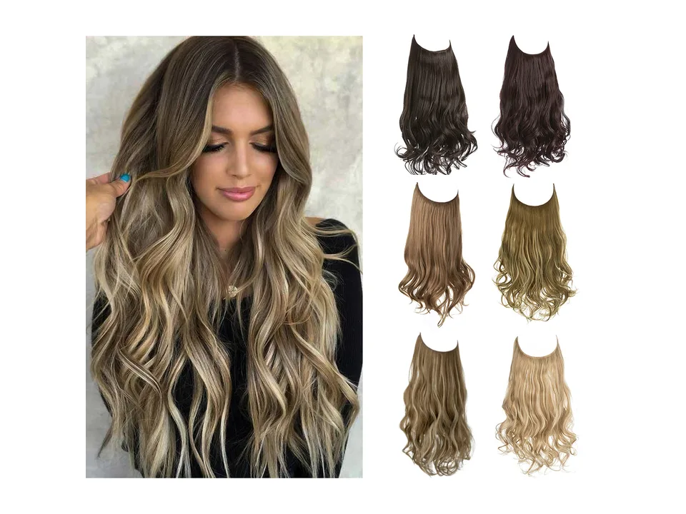Model wearing hair extensions next to a grid of different color options.