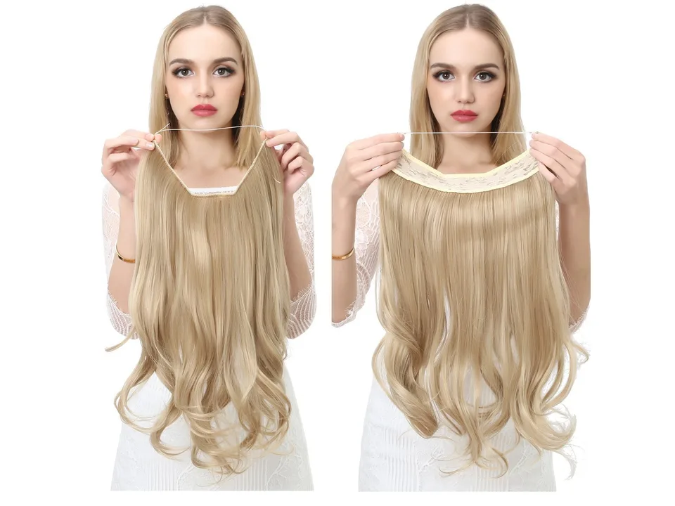 Model demonstrating the fishing line wire and lace backing of the hair extension.