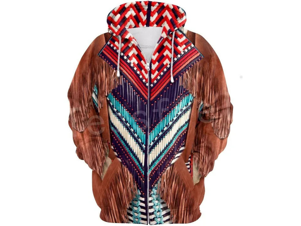 Brown zip-up hoodie with a fringe and beadwork pattern.
