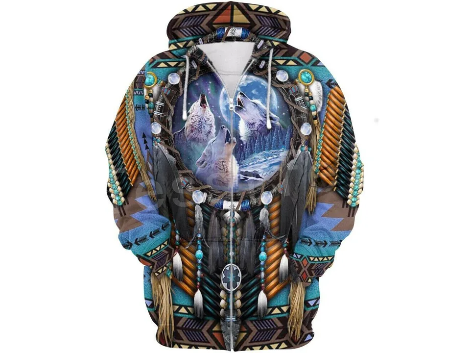 Blue zip-up hoodie featuring a wolf and dreamcatcher graphic.