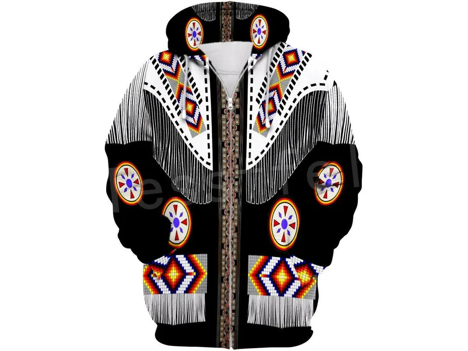 Black zip-up hoodie with a white fringe and colorful geometric pattern.