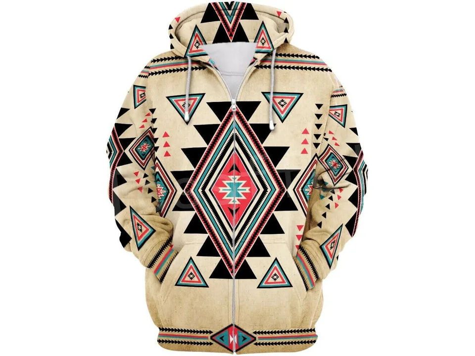 Beige zip-up hoodie with a geometric diamond pattern.