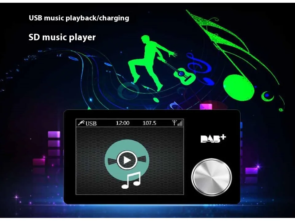 DAB+ car radio receiver displaying a music playback screen with USB mode active.