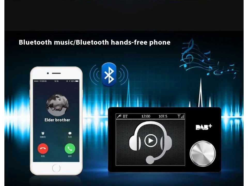 DAB+ car radio receiver connected to a smartphone showing a hands-free call interface.