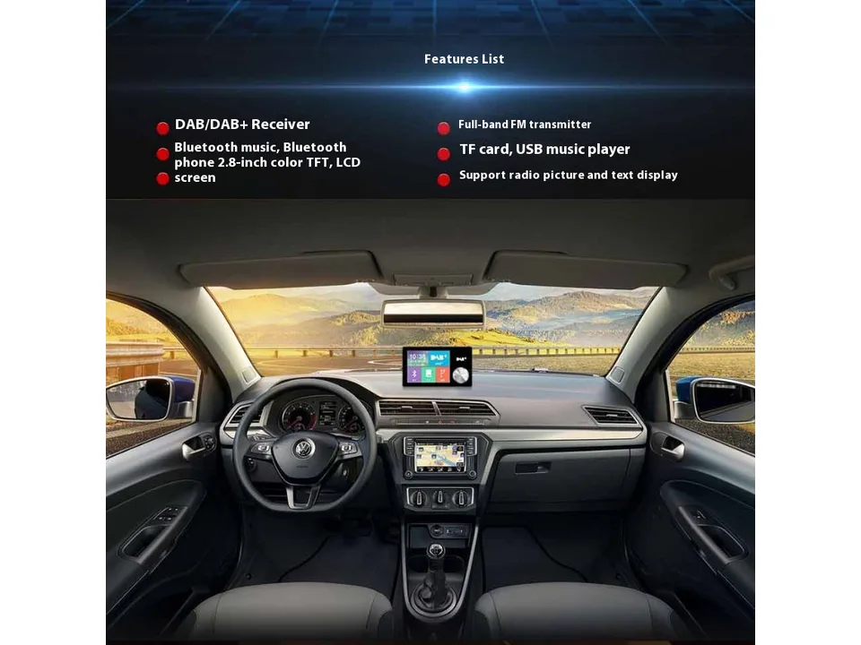 DAB+ car radio receiver mounted on the dashboard of a car interior.