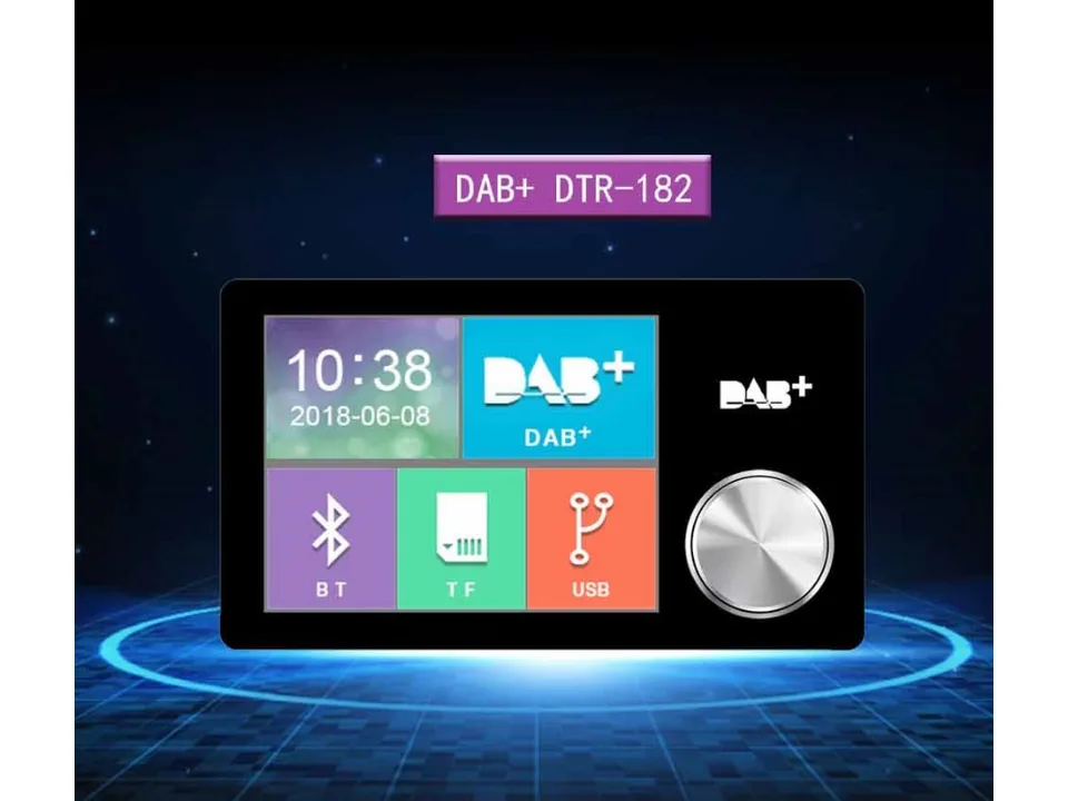 Front view of the DAB+ car radio receiver with a color screen and control knob.
