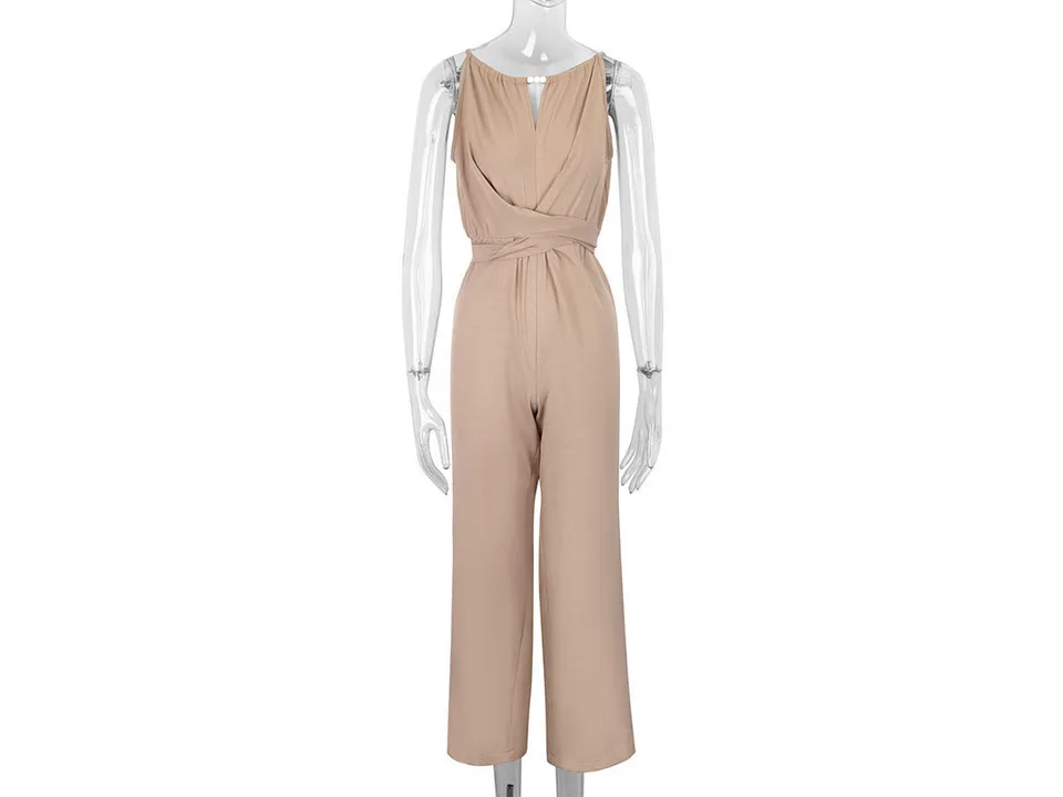 A beige sleeveless jumpsuit on a mannequin.