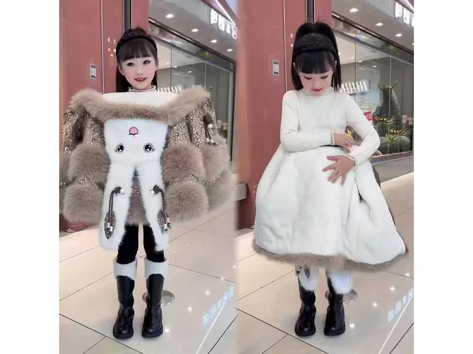 A girl holding up the coat to show the rabbit design and the white faux fur interior.