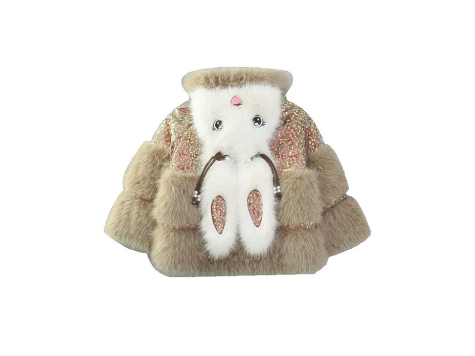 A brown faux fur winter coat with a rabbit design on a white background.