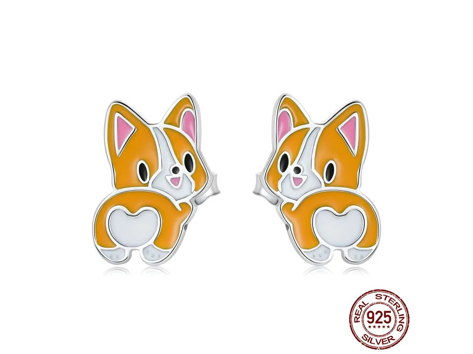 A pair of cute corgi dog stud earrings made of 925 sterling silver.
