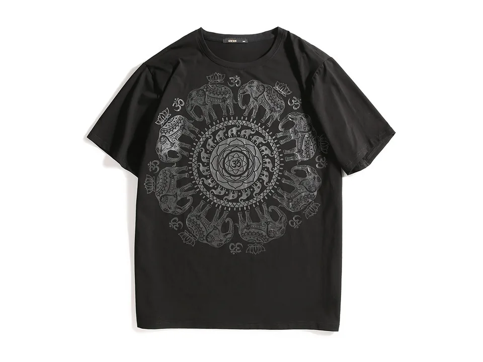 Flat view of the black t-shirt with an elephant mandala print.