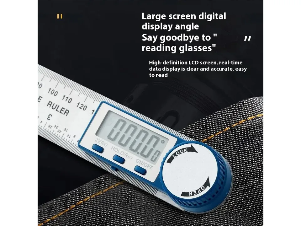 Digital angle ruler being used to measure the angle of a piece of fabric.