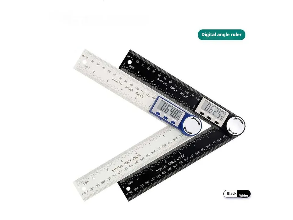 Two digital angle rulers, one with a black body and one with a white body.