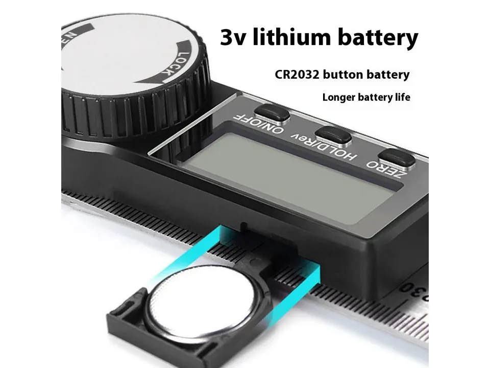 Close-up of the digital angle ruler showing the battery compartment and CR2032 battery.
