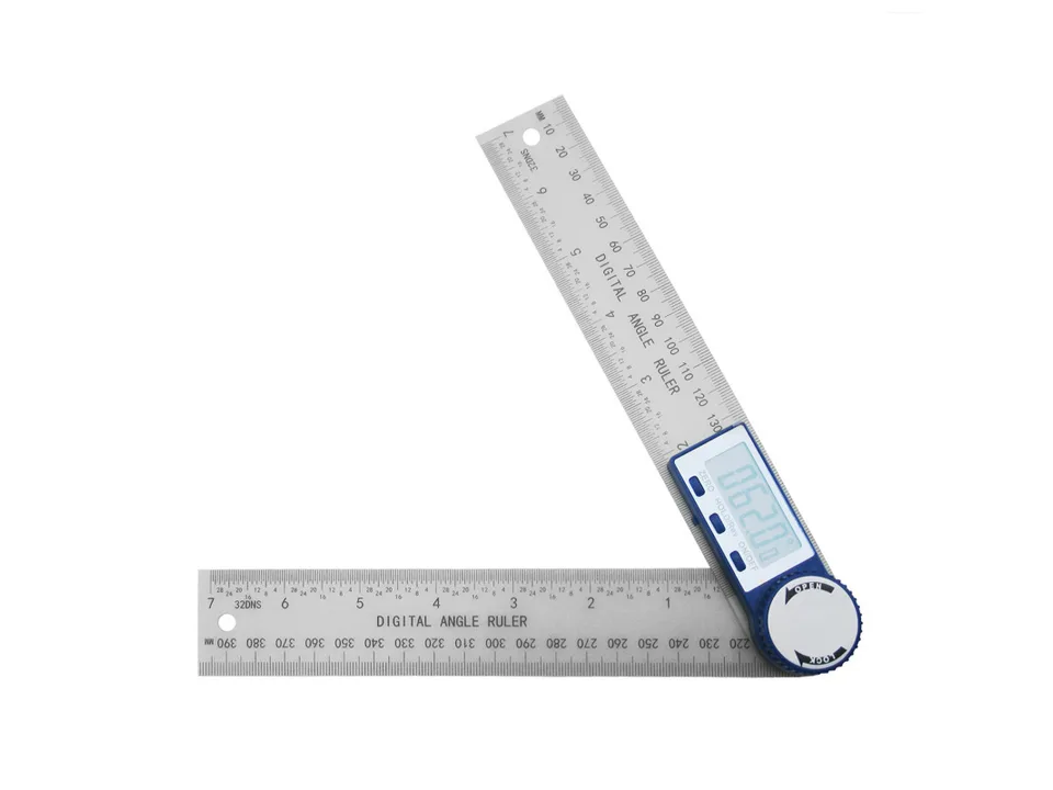 A single digital angle ruler opened to an angle on a white background.