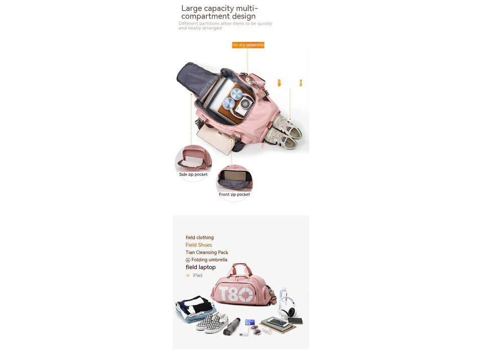 An open gym bag showing organized compartments for shoes, electronics, and other items.