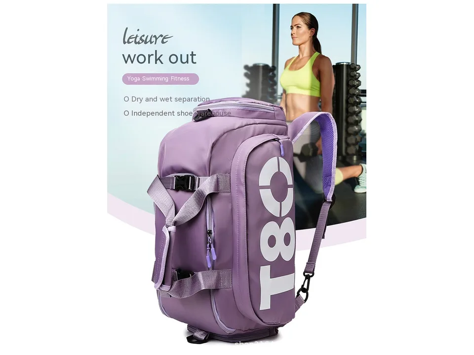 A purple gym bag being worn as a backpack in a gym setting.