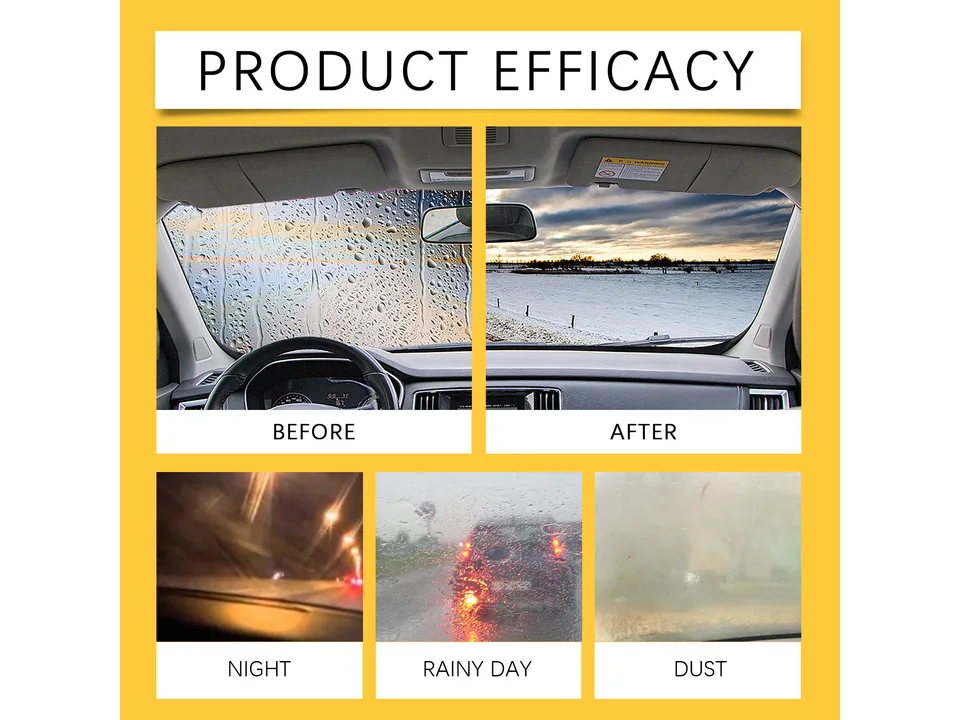 Comparison of a windshield before and after using the cleaning fluid.