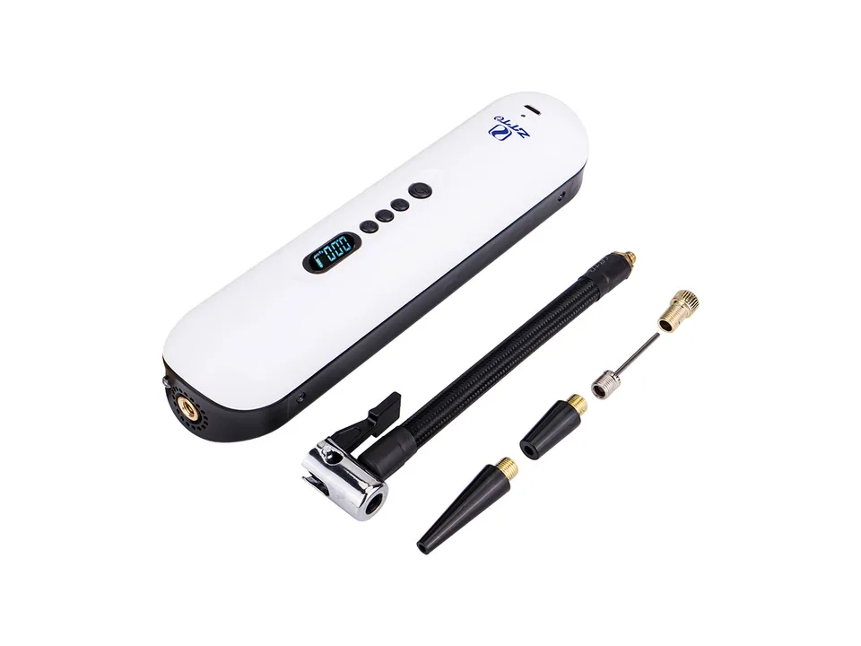 White portable electric air pump with hose and various nozzle attachments.