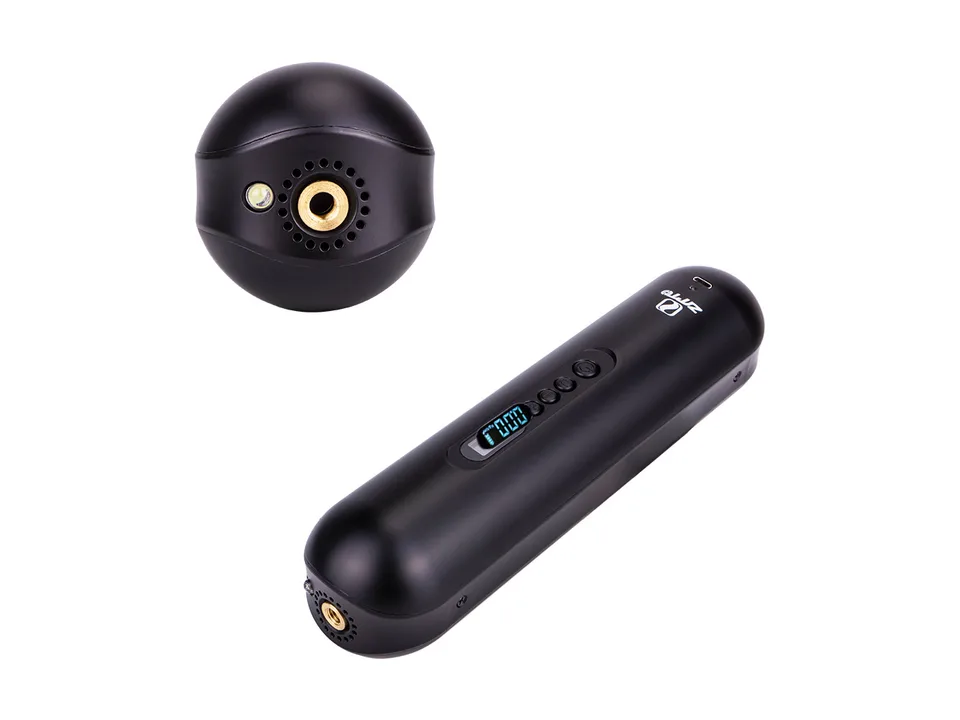 Black portable electric air pump shown from two angles, highlighting the nozzle port.