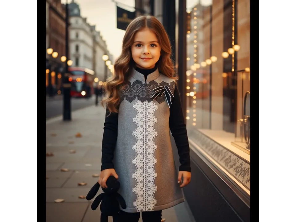 A young girl wearing the grey pinafore dress with a black long-sleeve top.