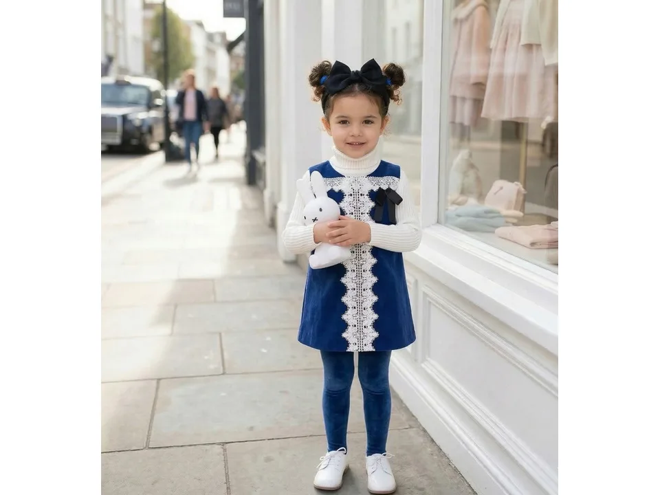 A young girl wearing the blue pinafore dress with a white turtleneck and blue leggings.