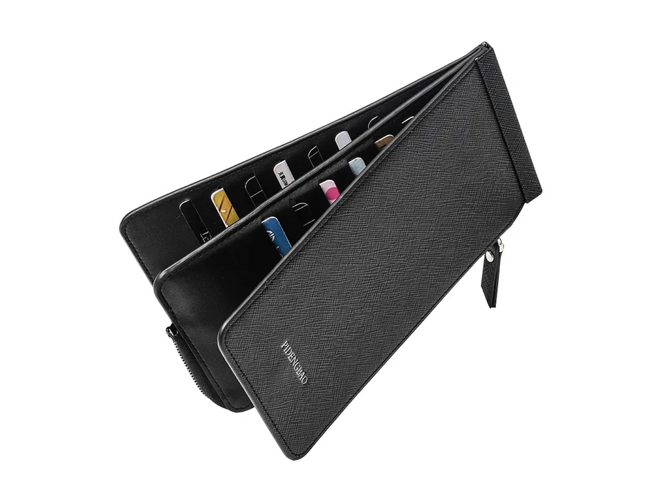 Open view of the black wallet displaying multiple card slots.