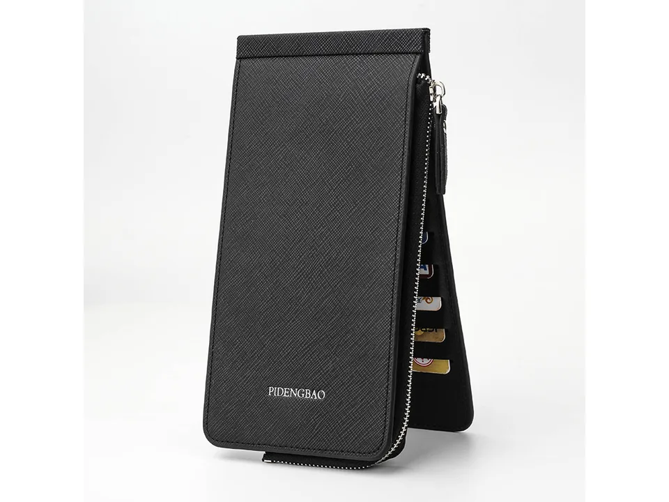 Black multifunctional wallet standing upright showing card slots.