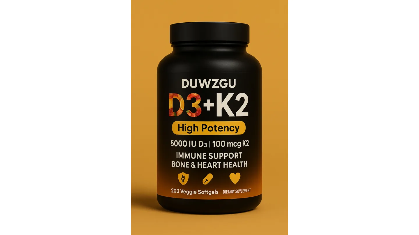 A black bottle of DUWZGU D3+K2 dietary supplement softgels on an orange background.