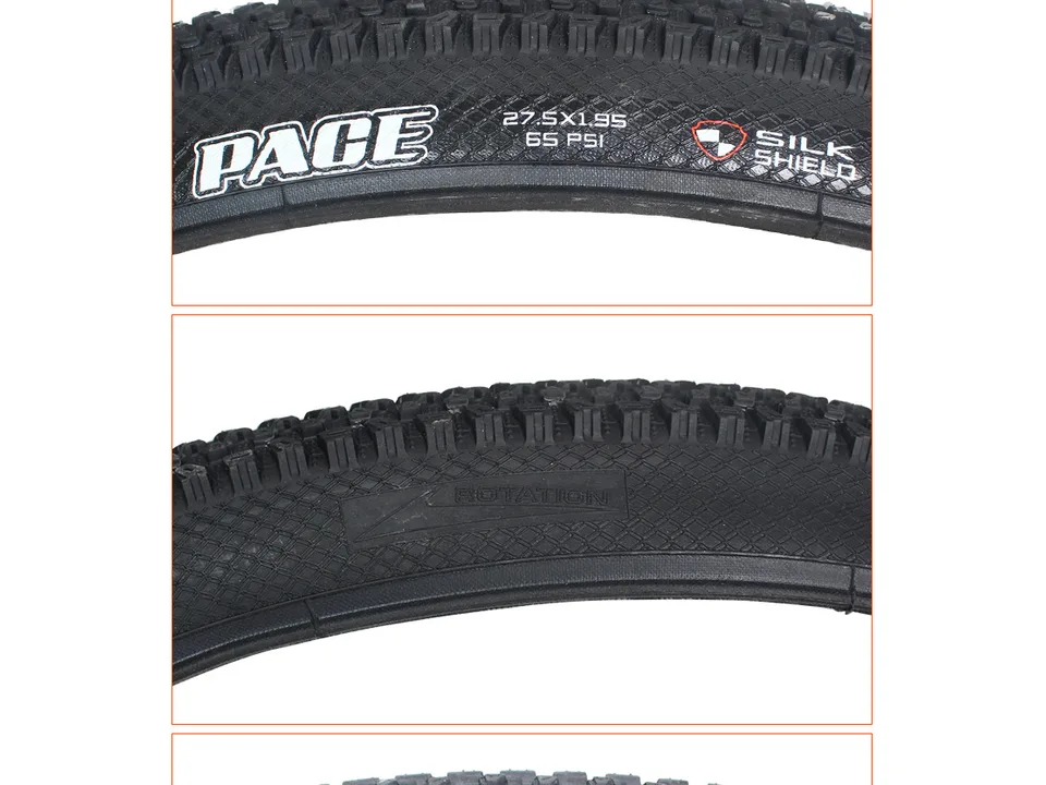 Close-up of the tire sidewall showing Pace model, 27.5x1.95 size, 65 PSI rating, and Silk Shield technology.