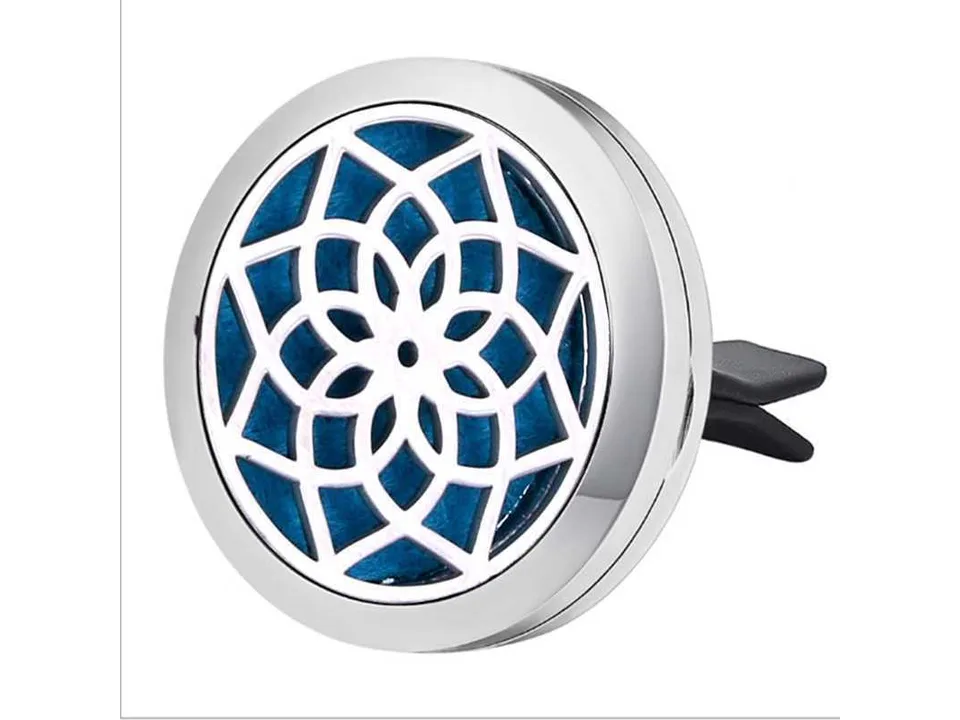 Stainless steel car air freshener vent clip with a geometric pattern and blue insert.