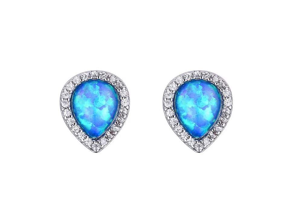 A pair of blue opal teardrop stud earrings with a halo of small crystals.