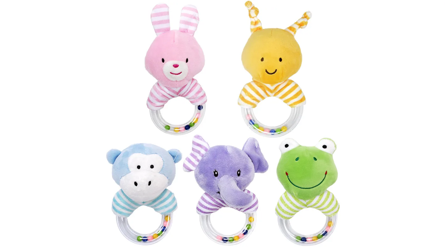 A collection of five different plush animal baby rattles, including a rabbit, bee, monkey, elephant, and frog.