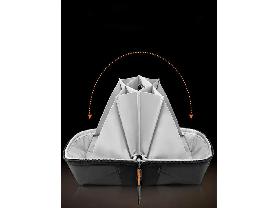 The storage bag open, showing its internal dividers and compartments.