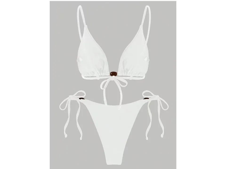 A white two-piece bikini with decorative brown beads on the top and sides.