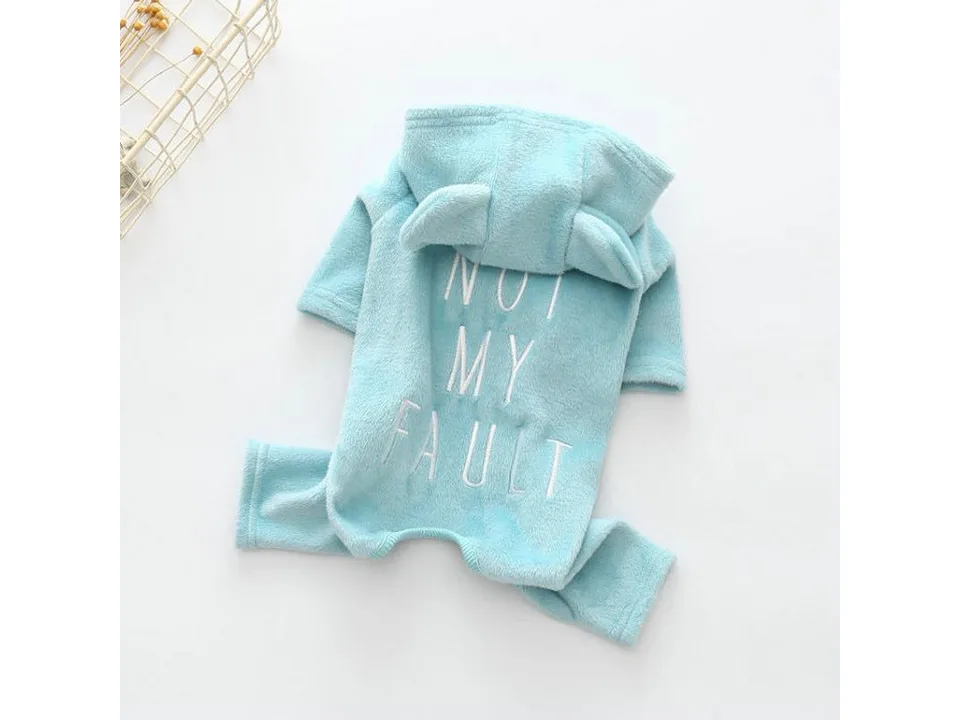 Light blue dog jumpsuit with hood and 'NOT MY FAULT' embroidery.