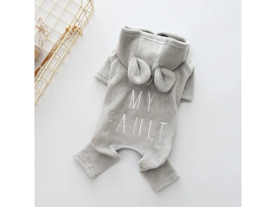 Grey dog jumpsuit with hood and 'NOT MY FAULT' embroidery.