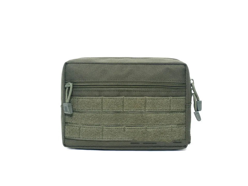 Olive green tactical utility pouch, front view.