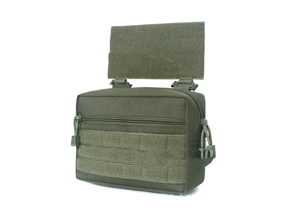 Olive green tactical utility pouch with molle webbing and zipper closure.