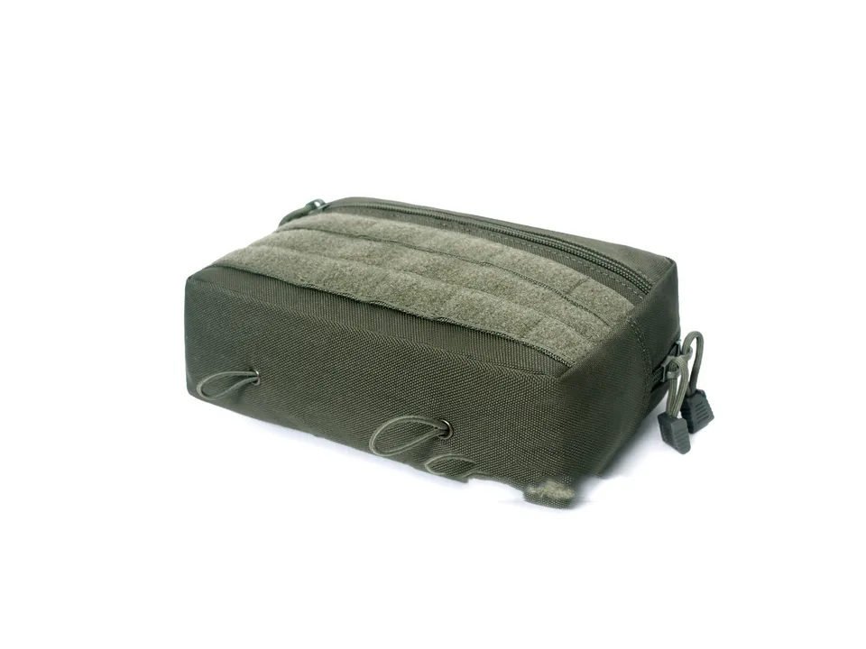 Bottom view of the olive green tactical pouch showing drainage grommets and cord loops.
