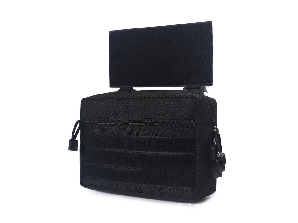 Black tactical utility pouch with molle webbing and zipper closure.